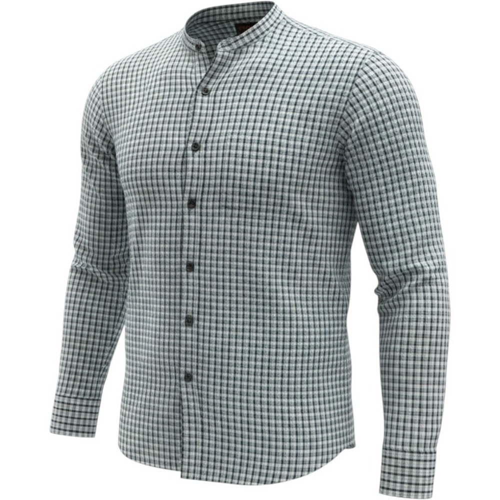 Bruno B Mens XL Linen Cotton Band Collar Button Down Shirt Micro Check Grey Long